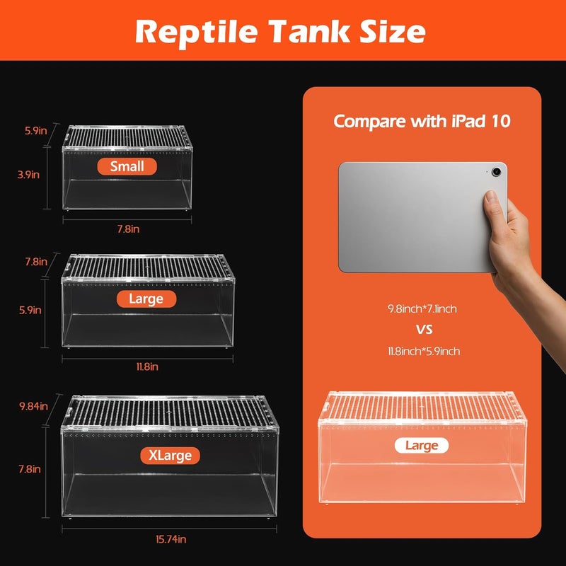 AZV Escape Proof Reptile Terrarium,Shatter Proof Polycarbonate Tarantula Tank with Magnetic Lid,Ventilated Spider Enclosure,360° Clear View,Easy Clean Habitat for Gecko,Frogs,Insects,Hermit Crabs XL - Image 2